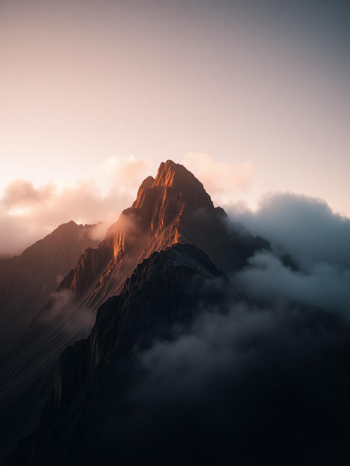 A mountain peak breaking through fog at dawn
